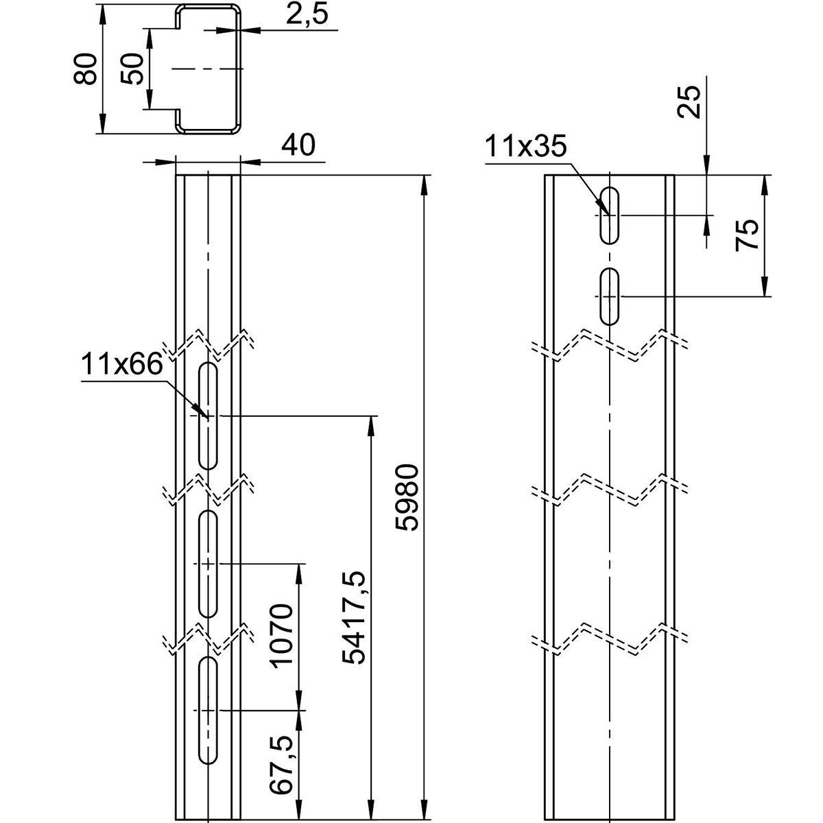 Perfil de estrutura para sistema em espaço aberto 40x80x5980 Aço Galvanizado por imersão a quente após maquinação zinco – Imagem 2 de 2