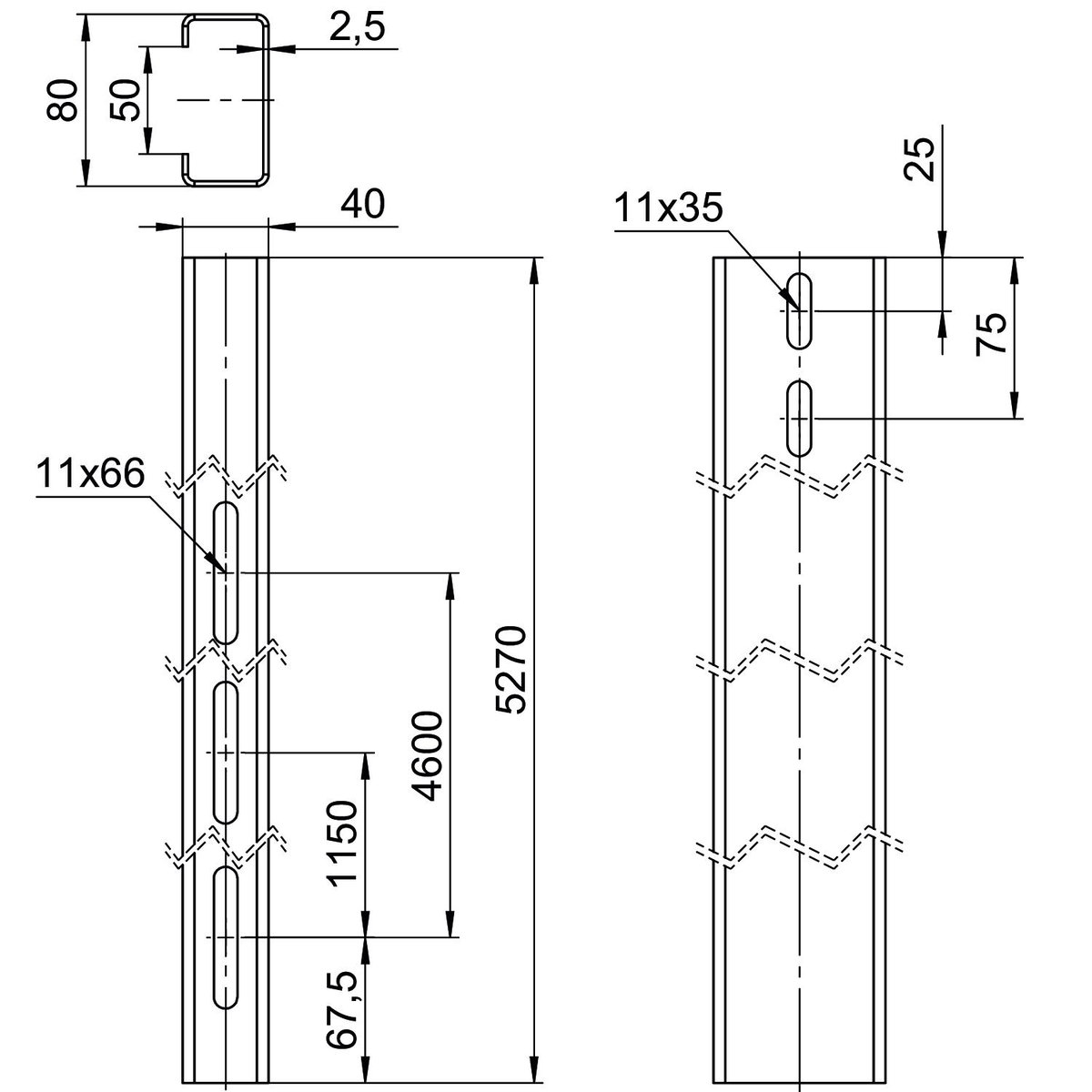 Perfil de estrutura para sistema em espaço aberto 40x80x5270 Aço Galvanizado por imersão a quente após maquinação zinco – Imagem 2 de 2