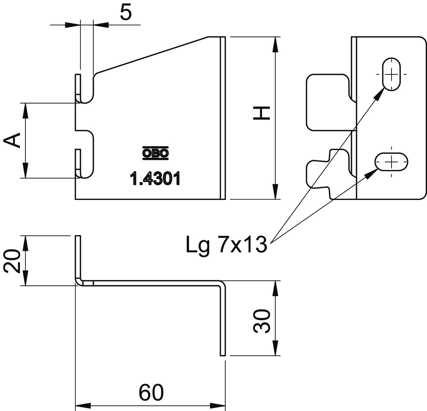 Wall fastening horizontal for C mesh cable tray H65mm Aço inoxidável, livre de ferrugem A2 1.4301 brilhante, pós-tratamento aço inoxidável – Imagem 2 de 4