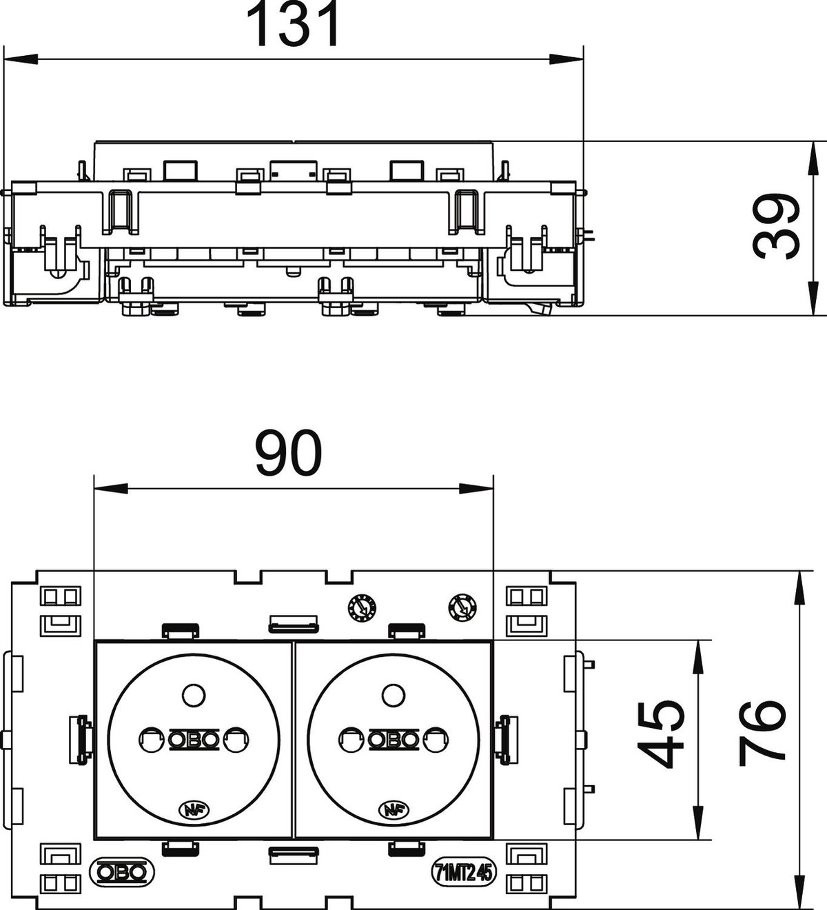 Tomada 0º, dupla com pino de terra, Connect 80 250V, 10/16A Policarbonato cinzento antracite RAL 7021 – Imagem 2 de 2