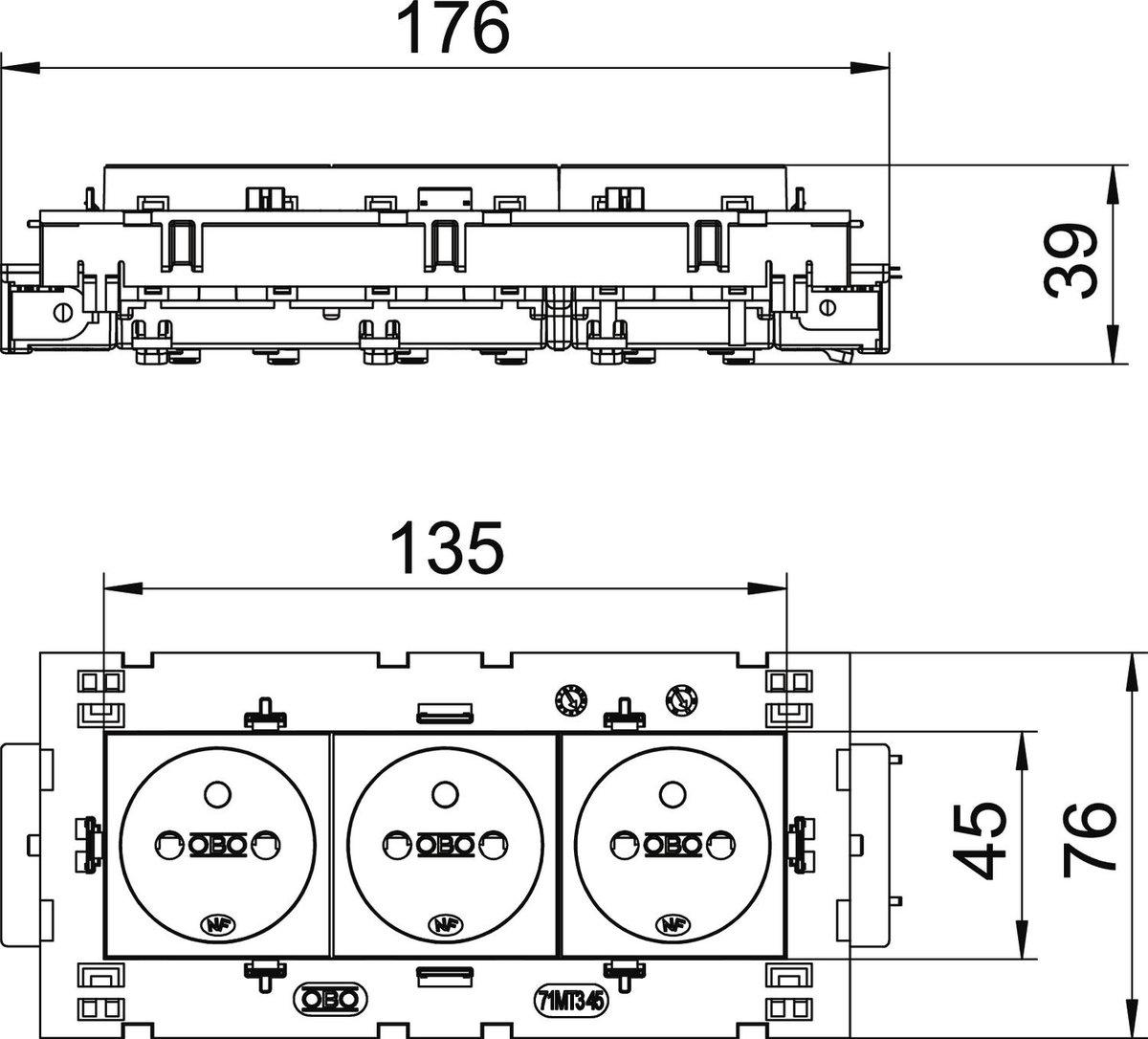 Tomada 0º, tripla com pino de terra, Connect 80 250V, 10/16A Policarbonato cinzento antracite RAL 7021 – Imagem 2 de 2