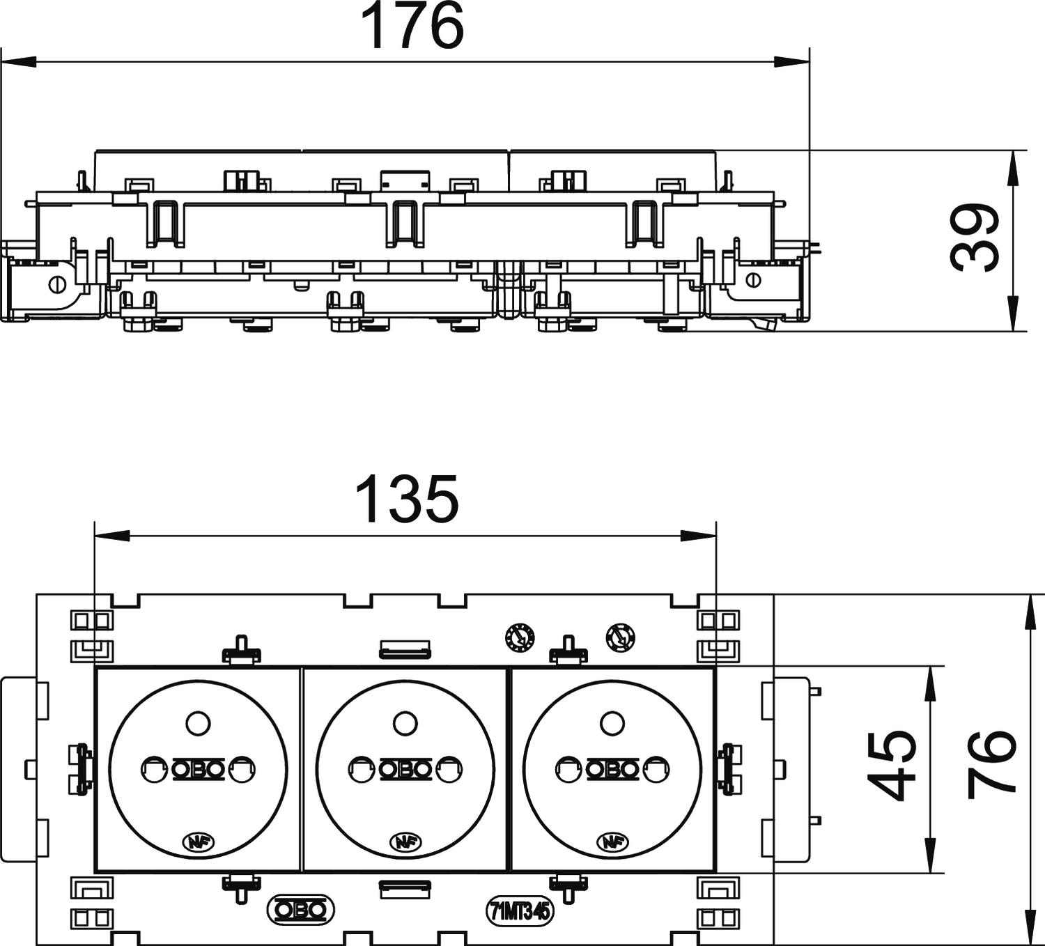 Tomada 0º, tripla com pino de terra, Connect 80 250V, 10/16A Policarbonato cinzento antracite RAL 7021 – Imagem 2 de 2
