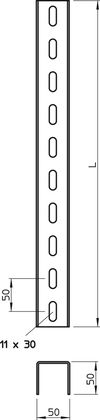 Perfil U perfurado de 3 lados 50x50x1200 Aço inoxidável, livre de ferrugem 1.4301 A2 1.4301 brilhante, pós-tratamento aço inoxidável
