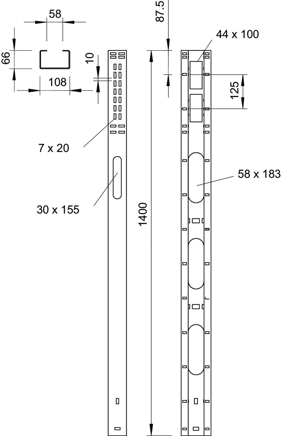 Complemento 66x108x1400 Aço Galvanizado por imersão a quente após maquinação zinco – Imagem 2 de 2
