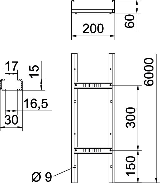 Caminho de cabos tipo escada perfurado, com degrau VS 60x200x6000 Aço Galvanizado por imersão a quente após maquinação 85µm zinco – Imagem 2 de 2