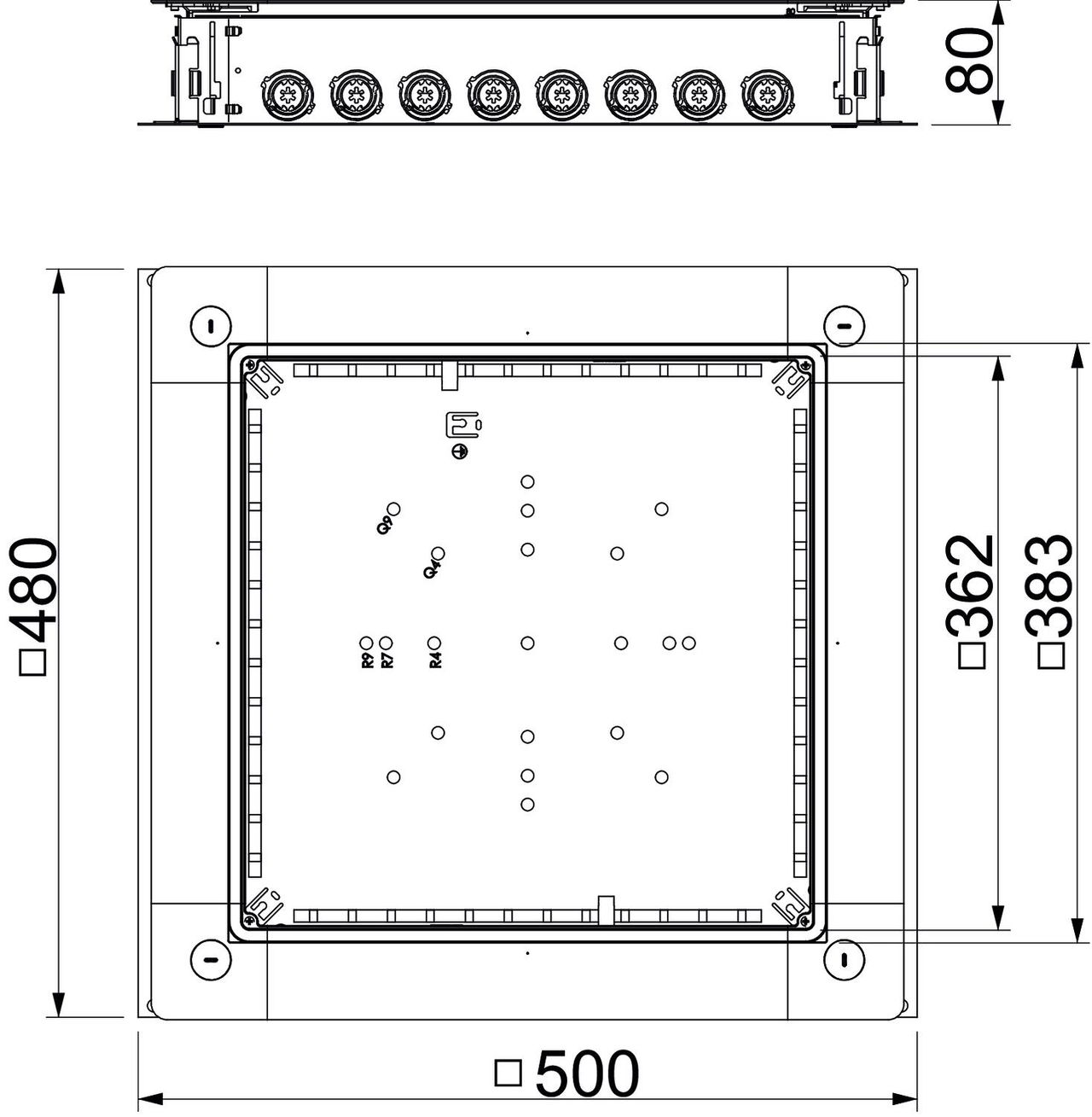 Caixa de pavimento com entrada de tubo 500x480x80 Aço galvanizado pelo método Sendzimir – Imagem 2 de 3
