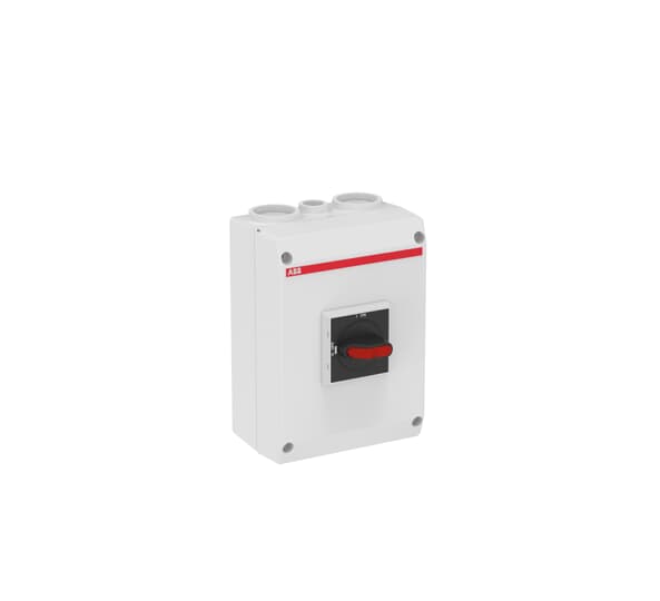 Plastkapslad säkerhetsbrytare 3-polig 22 kW/45A/400V med svart vred och ljusgrå kapsling 1 NO hjälpkontakt IP65