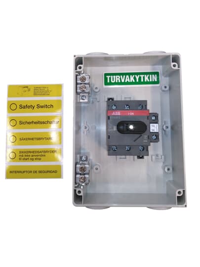 Plastkapslad säkerhetsbrytare 3-polig 15 kW/30A/400V med svart vred och ljusgrå kapsling 1 NO hjälpkontakt IP65