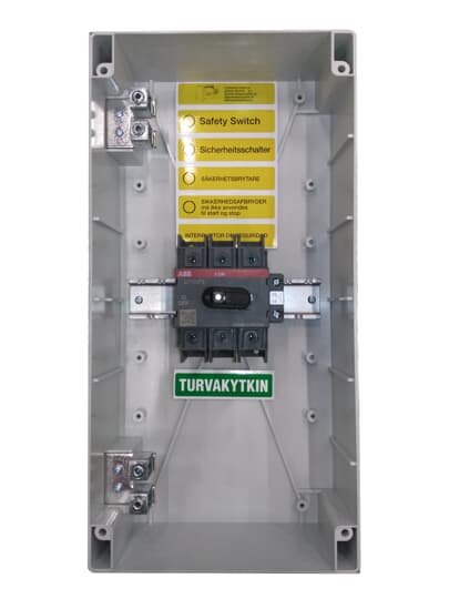 Plastkapslad säkerhetsbrytare 3-polig 37 kW/80A/400V med svart vred och ljusgrå kapsling 1 NO hjälpkontakt IP65