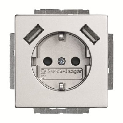 Vägguttag med USB 1-vägs uttag med Jord. Med 2x USB A uttag, Max laddström 2,4A Infällt montage, Aluminium. Utan ram