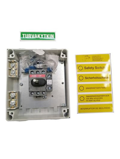 Plastkapslad säkerhetsbrytare EMC 3-polig 7,5 kW/16A/400V med svart vred och ljusgrå kapsling. 1NO hjälpkontakt, IP65