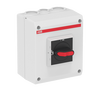 Plastkapslad säkerhetsbrytare 3-polig 7,5 kW/16A/400V med svart vred och ljusgrå kapsling 1 NO hjälpkontakt IP65