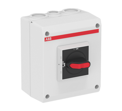 Plastkapslad säkerhetsbrytare EMC 3-polig 7,5 kW/16A/400V med svart vred och ljusgrå kapsling. 1NO hjälpkontakt, IP65
