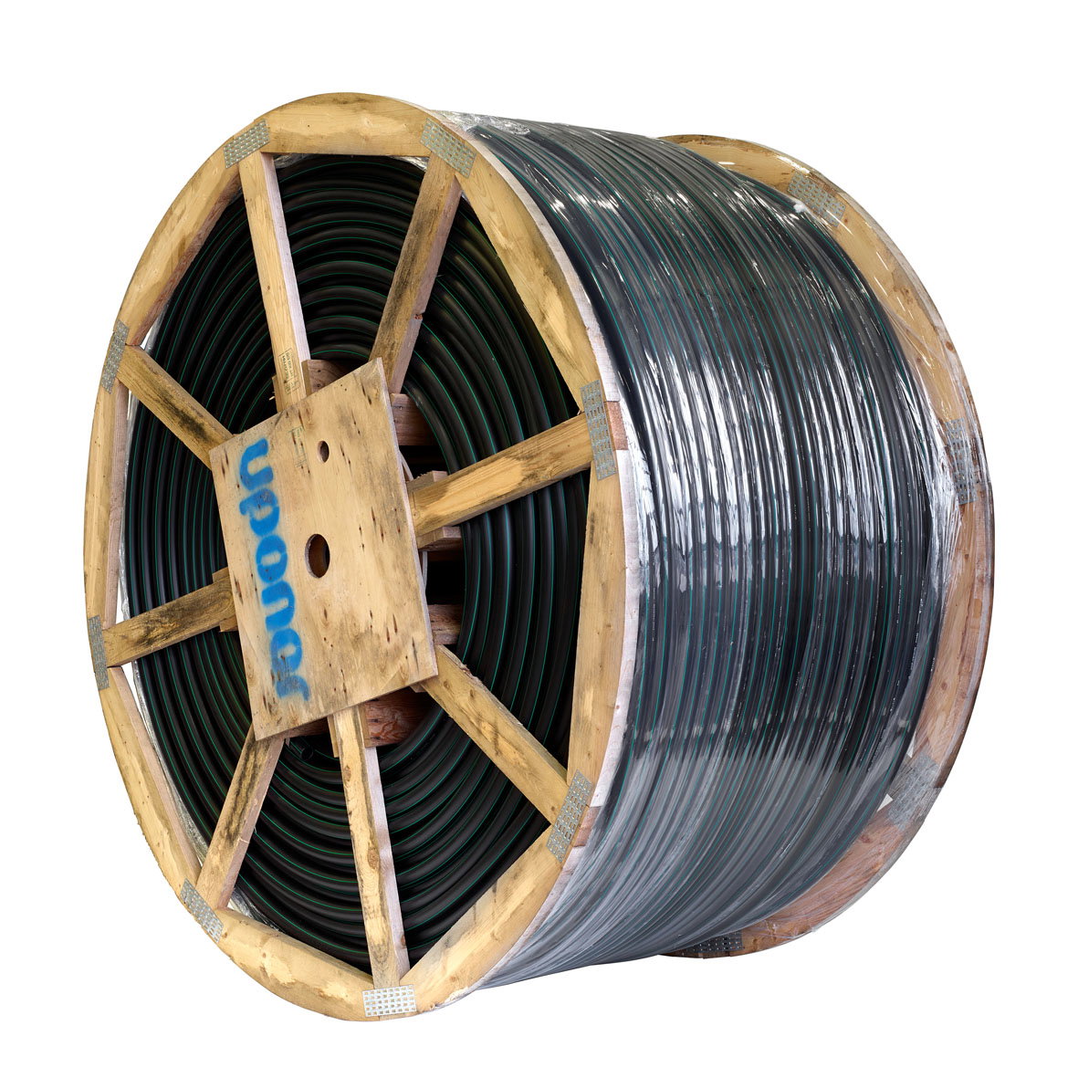 Uponor optokabelskyddsrör 40/32,6 längd 2000m, lågfriktion med grön stripe av PE på engångstrumma i trä