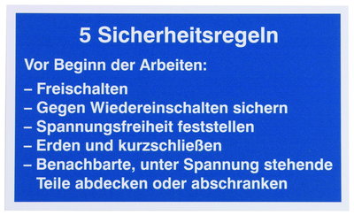 Sign:5 Safety Rules, German language material: plastic