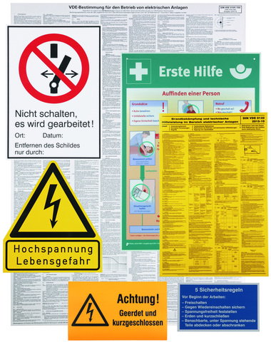 Set of warning signs, german language plastic, for electrical installations