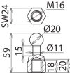 Fixed ball point D=20mm, straight with M16 female thread