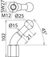 Fixed ball point D=25mm, angled (45°) with M12 female thread