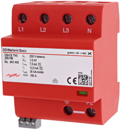 Appl.-opt. combined arrester DEHNshield B type 1+2 for three-phase TN-S systems