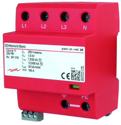 Appl.-opt. combined arrester DEHNshield B type 1+2 for three-phase TT-and TN-S systems