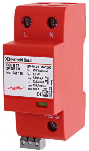 Appl.-opt. combined arrester DEHNshield B type 1+2 f. single-phase TT a. TN systems