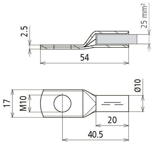 Crimped cable lug DIN 46235 25 mm² M10 Cu/gal Sn with nickel barrier layer – Görsel 2 / 2