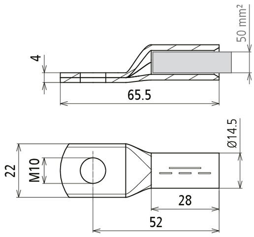 Crimped cable lug DIN 46235 50 mm² M10 Cu/gal Sn with nickel barrier layer – Görsel 2 / 2