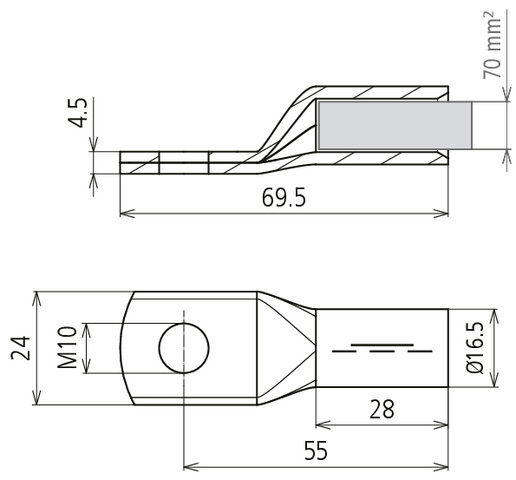 Crimped cable lug DIN 46235 70 mm² M10 Cu/gal Sn with nickel barrier layer – Görsel 2 / 2