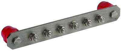 Equipotential bonding bar without cover StSt with M10 screws for 6 connections