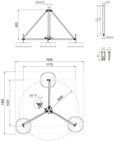 Tripod hinged w. half shell f. tube D40/50mm radius 680mm inclination angle 10° StSt – Görsel 2 / 2