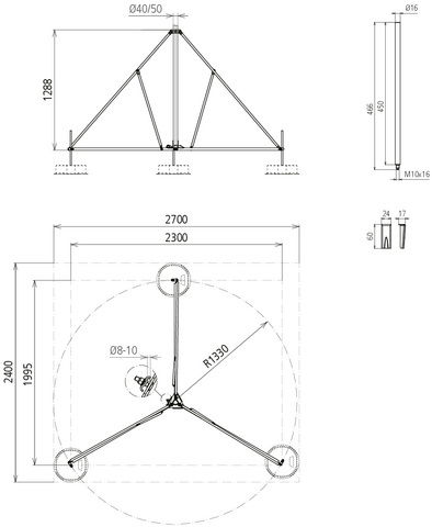 Tripod hinged w. half shell f. tube D40/50mm radius 1330mm angle 10° StSt – Görsel 2 / 2