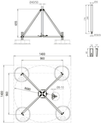 Four-legged stand hinged w. half shell f. D40/50mm radius 680mm angle 10° StSt – Görsel 2 / 2
