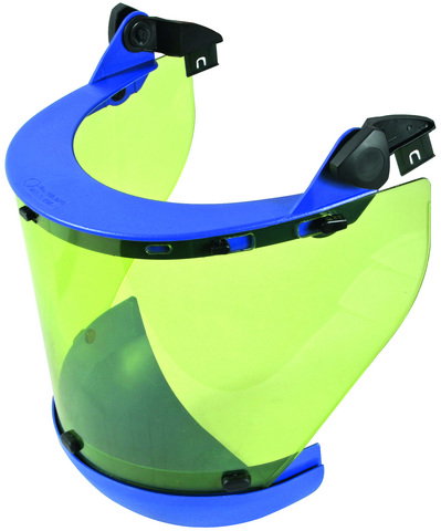 Arc-fault-tested face shield with clip and chin protector