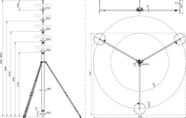 -SET-tele. air-term. rod w. brace L8.0m Al & tripod R1435mm HDG steel (St/tZn) – Görsel 2 / 2