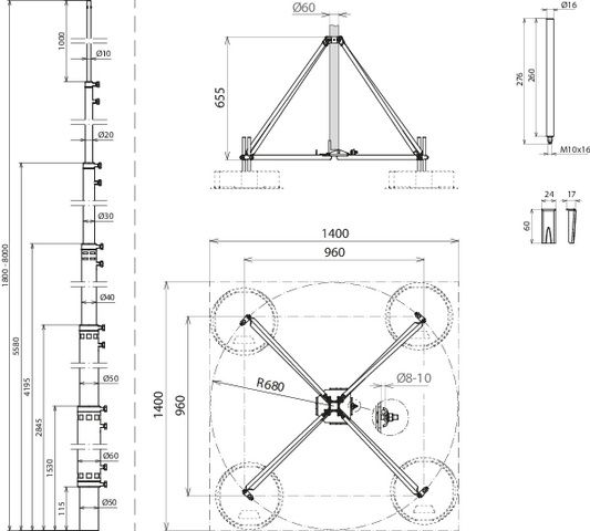 -SET- teles. air-term. rod L8.0m Al w. four-legged stand D60mm R680mm StSt – Görsel 2 / 2
