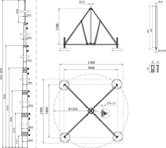-SET- telescopic air-term. rod L8.0m Al w. four-legged stand D60mm R1330mm StSt – Görsel 2 / 2