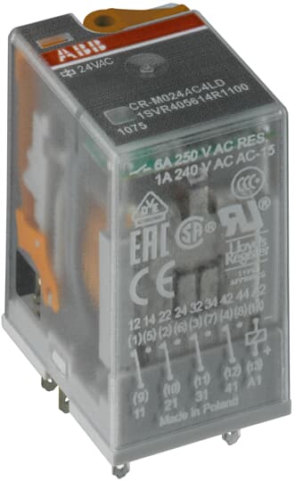CR-M024AC4G Pluggable interface relay 4c/o, A1-A2=24VAC, 250V/6A gold contacts