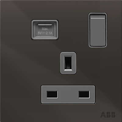 Socket outlet BS with USB Power Socket Outlets - British acc. to BS1363 British Standard with USB A Black Glass  - Millenium