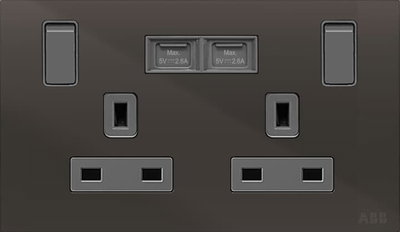 Socket outlet BS with USB Power Socket Outlets - British acc. to BS1363 British Standard with USB A Black Glass  - Millenium