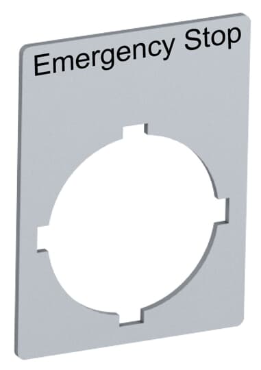 Rectangular legend plate 29,6x39 mm aluminum with text: Emergency stop Legend Plate