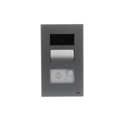 Mini video outdoor station (105mm width, FM), 1 pushbutton, with ID card reader, with flush mounted box, 1 button(s), aluminium