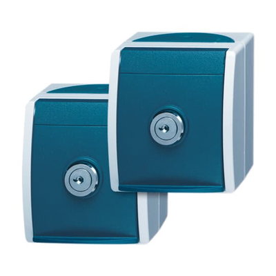 SCHUKO® Socket with labelling field with Hinged Lid and Cylinder with Simultaneous Locking 16 A grey / blue-green  - ocean