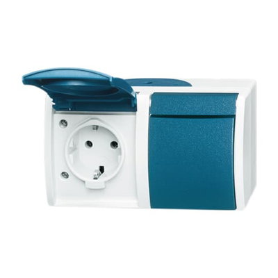 SCHUKO® Double socket with labelling field with Hinged Lid 16 A grey / blue-green  - ocean