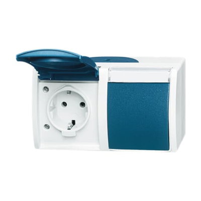 SCHUKO® Double socket with labelling field with Hinged Lid 16 A grey / blue-green  - ocean