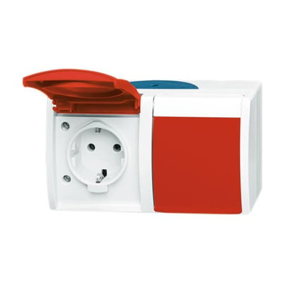 SCHUKO® Double socket with labelling field with Hinged Lid 16 A grey / blue-green / red  - ocean