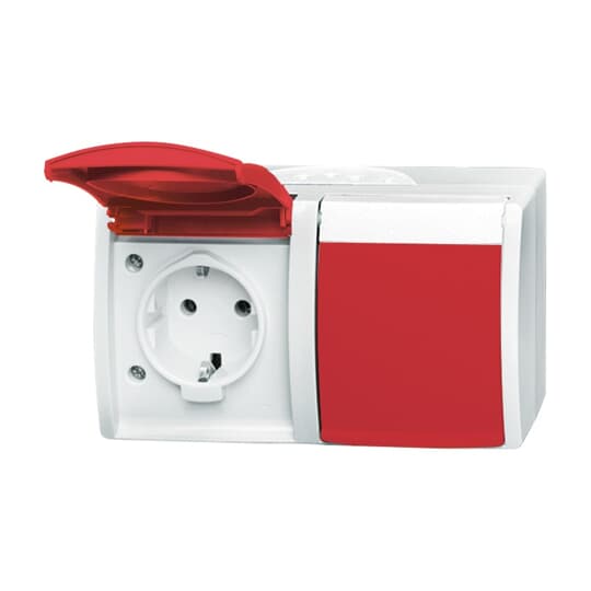 SCHUKO® Double socket with labelling field with Hinged Lid 16 A alpine white / red  - ocean