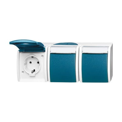 SCHUKO® Triple socket with labelling field with Hinged Lid 16 A grey / blue-green  - ocean