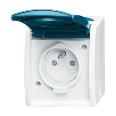 Socket insert with earthing pin, labelling field Safety Shutter with Hinged Lid 16 A grey / blue-green  - ocean