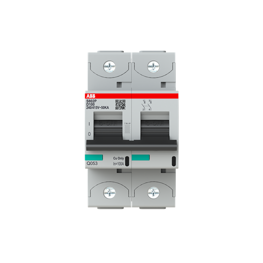S802P-D100 High Performance Circuit Breaker. D Characteristic. 50kA, 100A, 2P