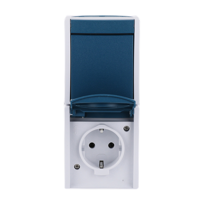 Combination rocker switch with SCHUKO® socket outlet 2-gang, Two-way switch 2P+PE grey / blue-green - ocean